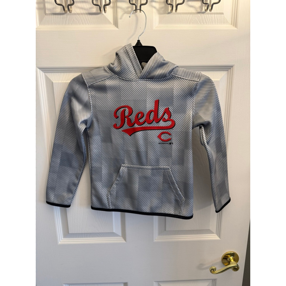 MLB gray striped hooded sweatshirt Cincinnati Reds logo Child size 6/7 NWOTs